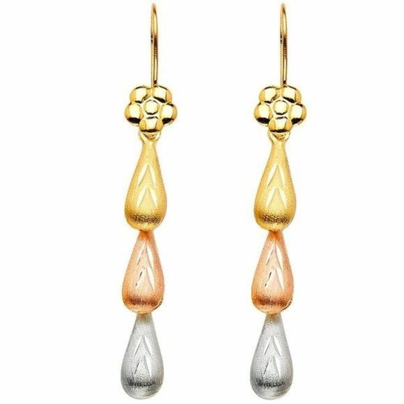 Real 14K Yellow, Rose & White Gold Hollow 3 Teardrops Hanging Earring womens